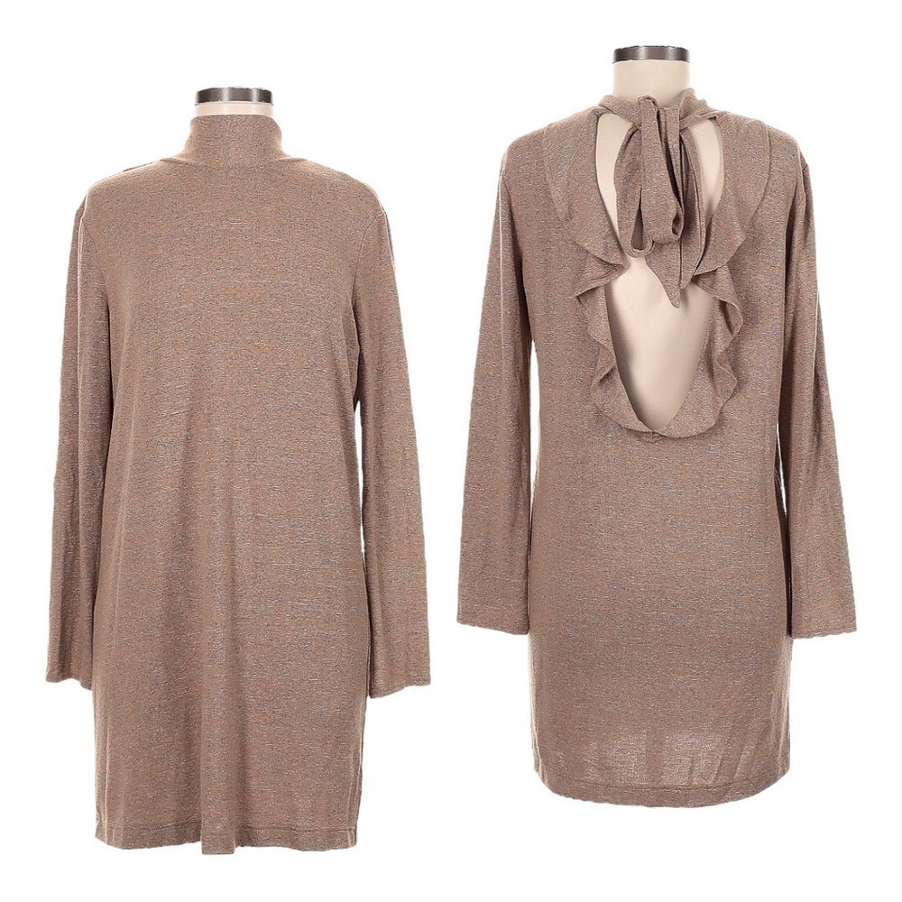 Vici Aakaa Heather Taupe Exaggerated Ruffled Open Back Mini Dress NWT Size M